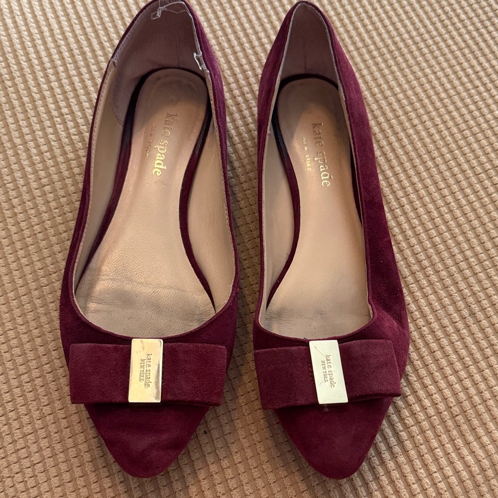 Kate Spade Deep Red Suede Loafers with Bow Accent